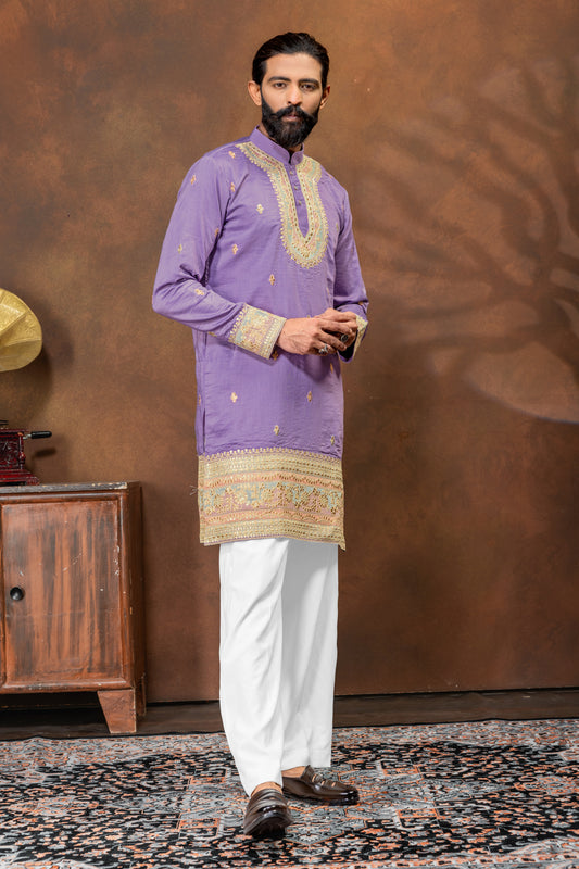Royal Lavender Embroidered Men’s Kurta Pajama Set