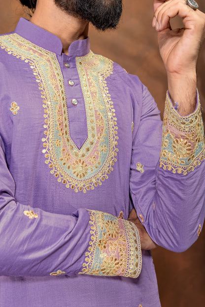 Royal Lavender Embroidered Men’s Kurta Pajama Set