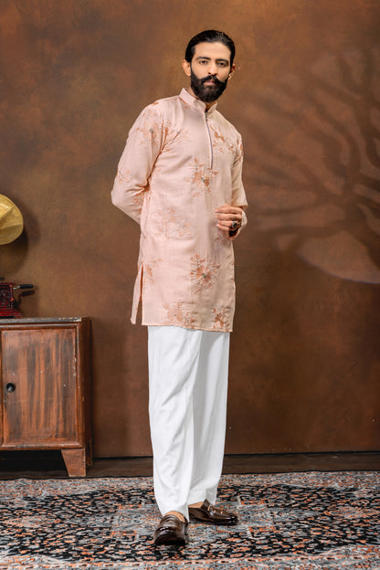 Peach Blossom Embroidered Men’s Kurta Set
