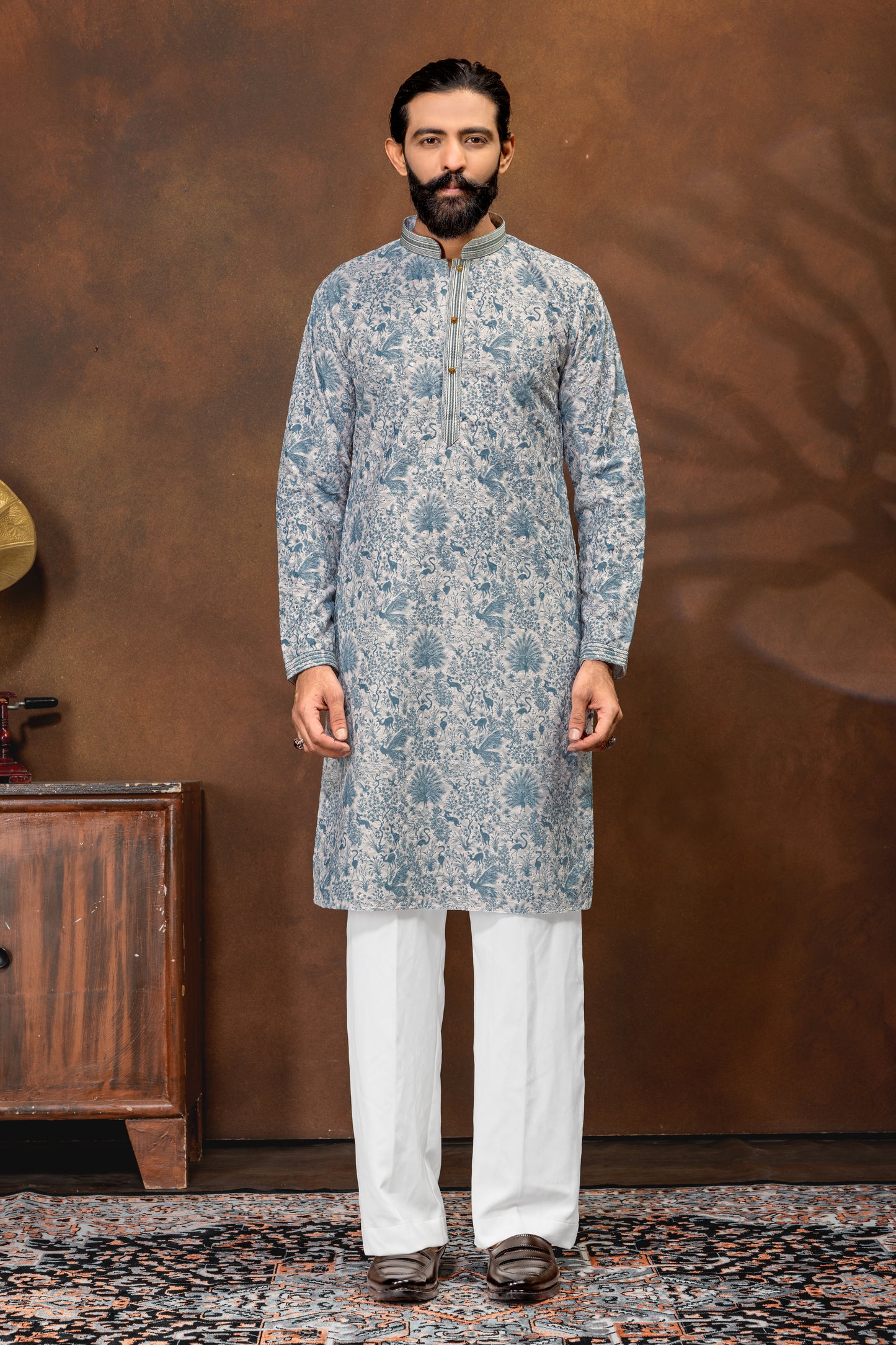 Mist Blue Printed Men’s Kurta Set