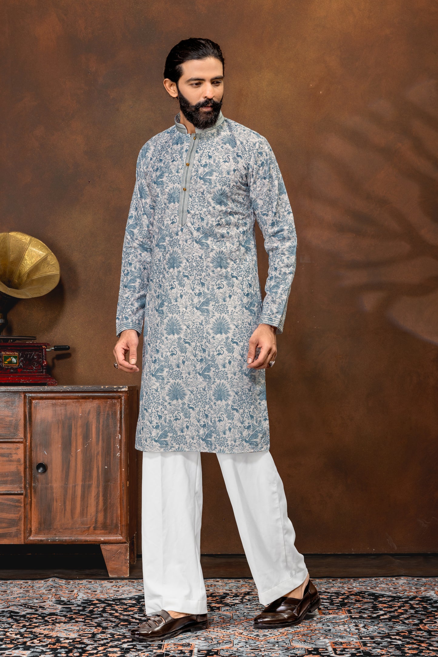 Mist Blue Printed Men’s Kurta Set