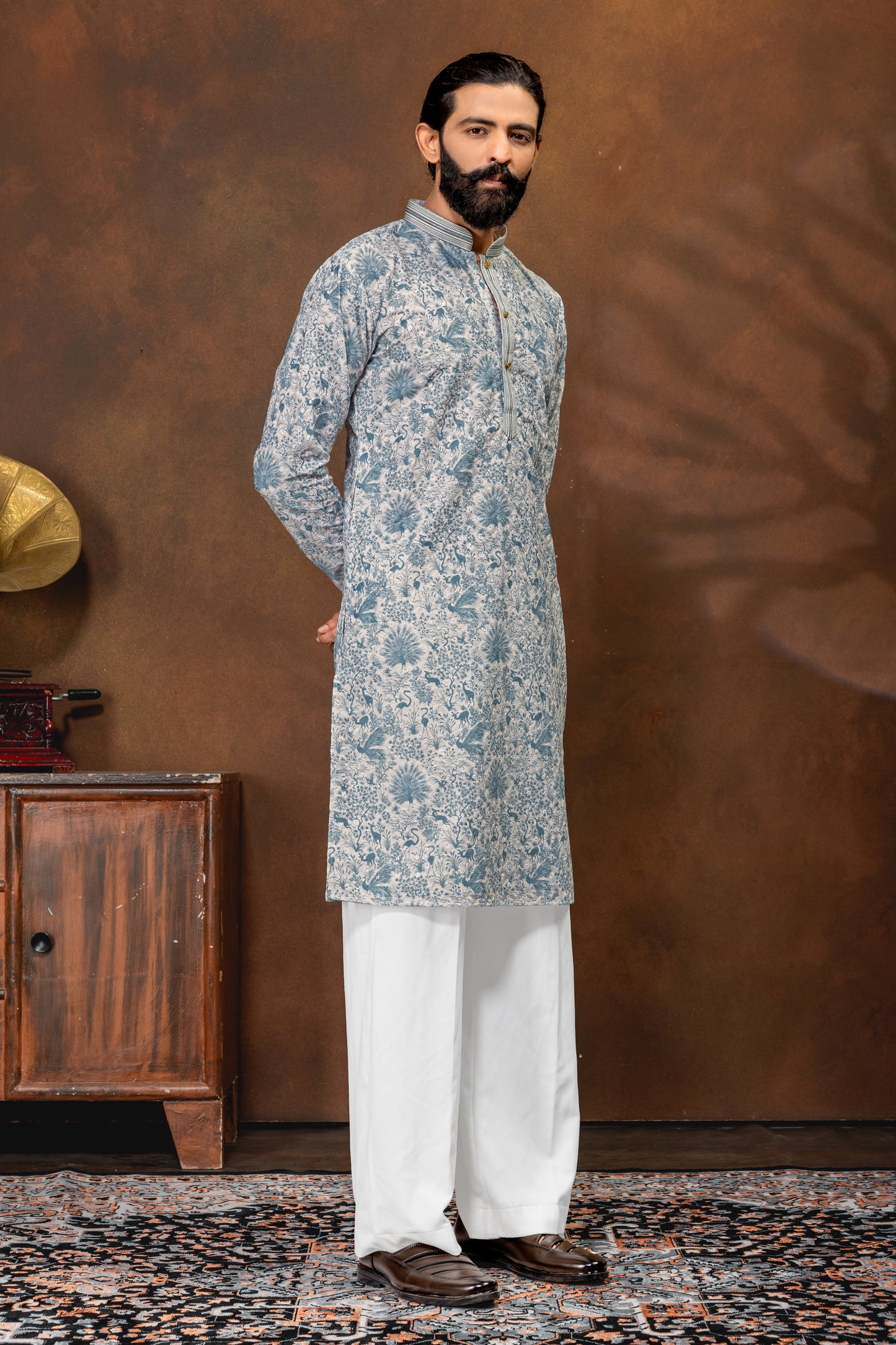 Mist Blue Printed Men’s Kurta Set