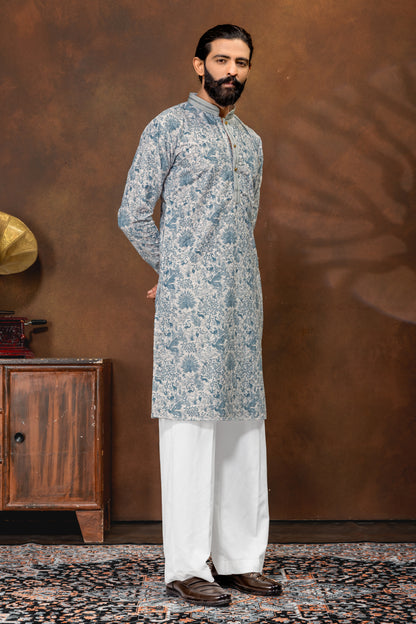 Mist Blue Printed Men’s Kurta Set
