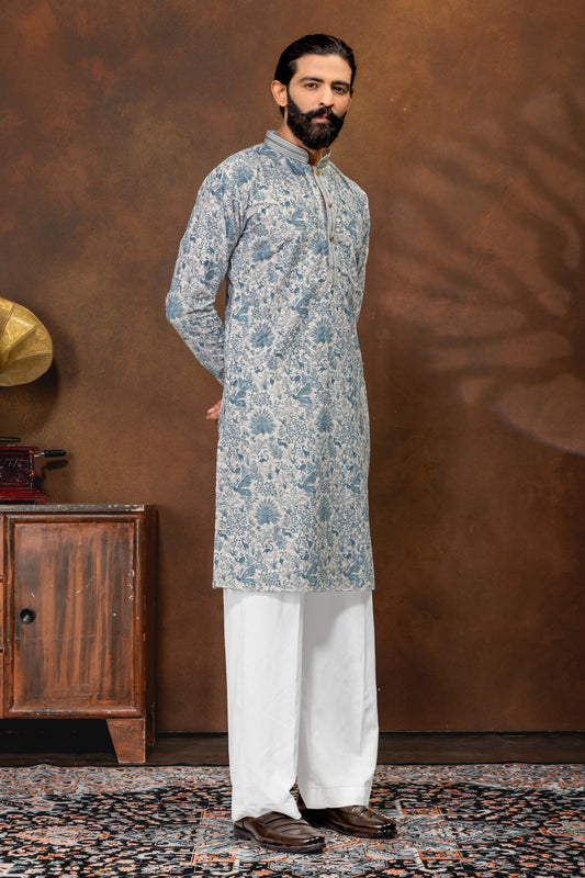 Mist Blue Printed Men’s Kurta Set
