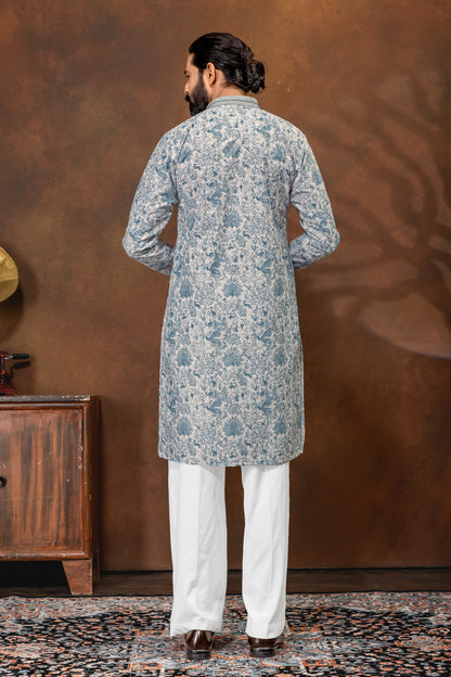 Mist Blue Printed Men’s Kurta Set