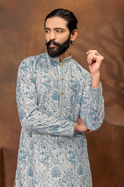 Mist Blue Printed Men’s Kurta Set