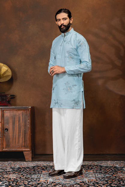 Sky Blue Floral Embroidered Men’s Kurta Set