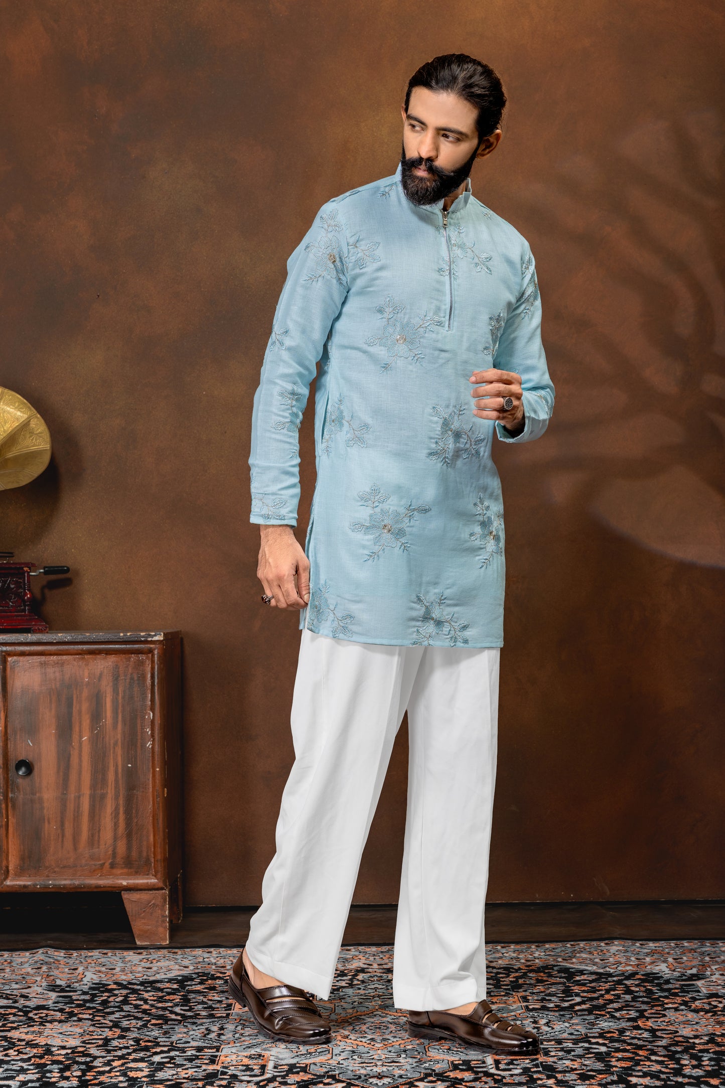 Sky Blue Floral Embroidered Men’s Kurta Set