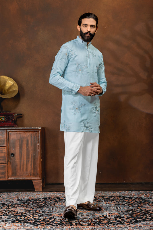 Sky Blue Floral Embroidered Men’s Kurta Set