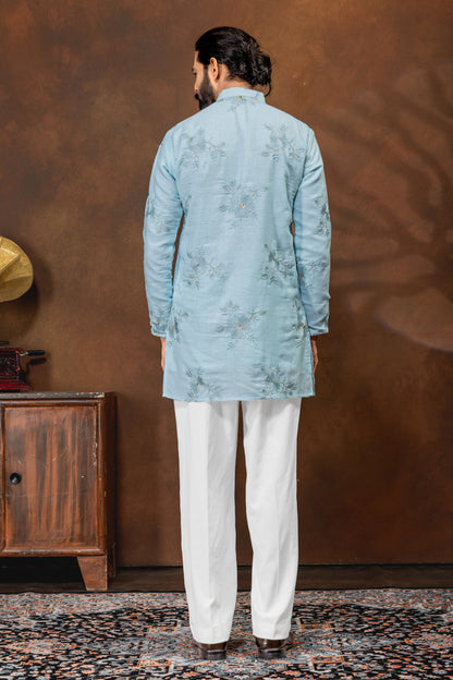 Sky Blue Floral Embroidered Men’s Kurta Set