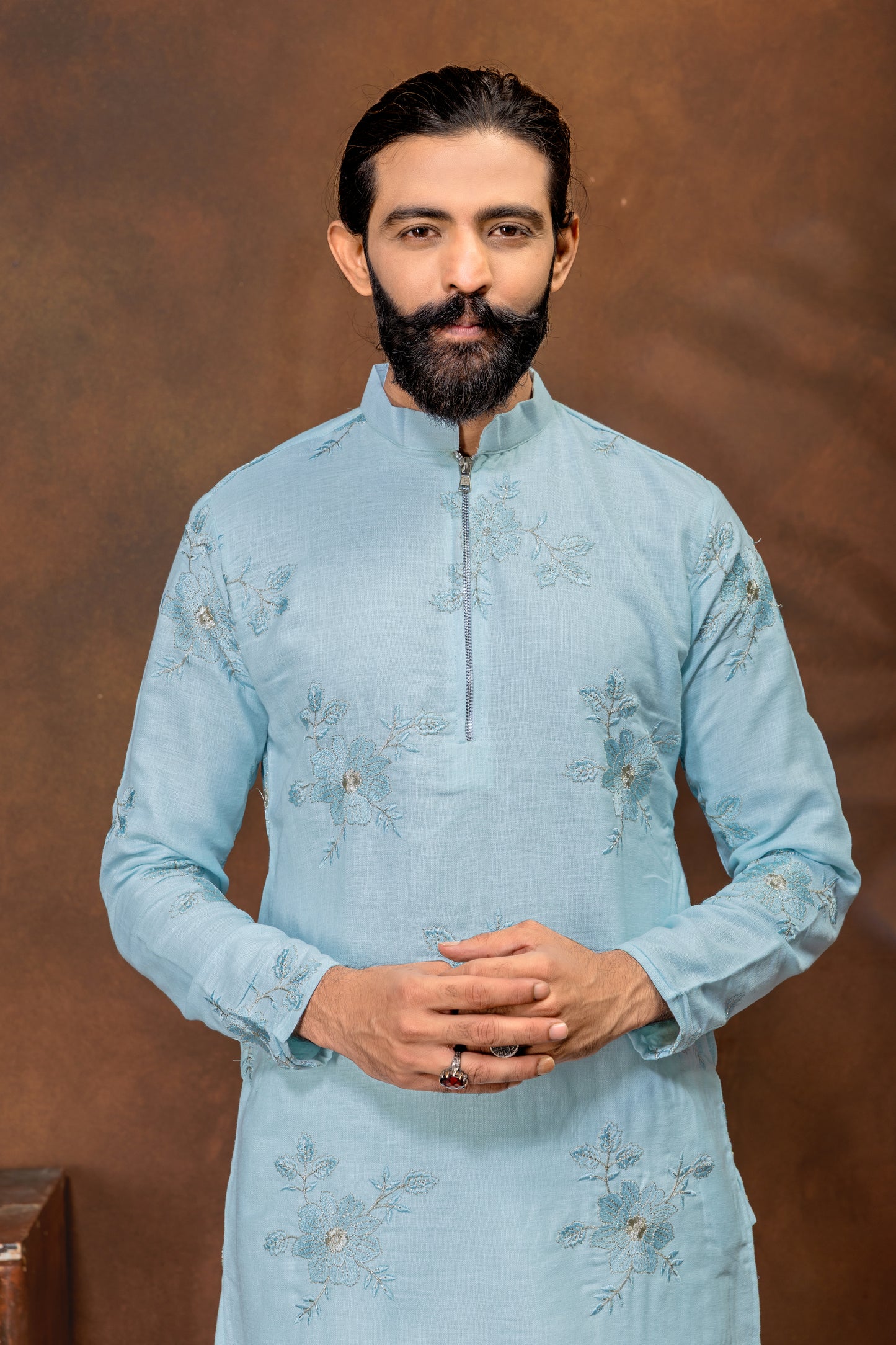 Sky Blue Floral Embroidered Men’s Kurta Set