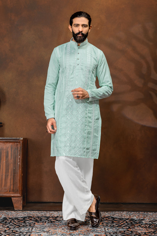 Elegant Mint Green Chikankari Style Kurta Set