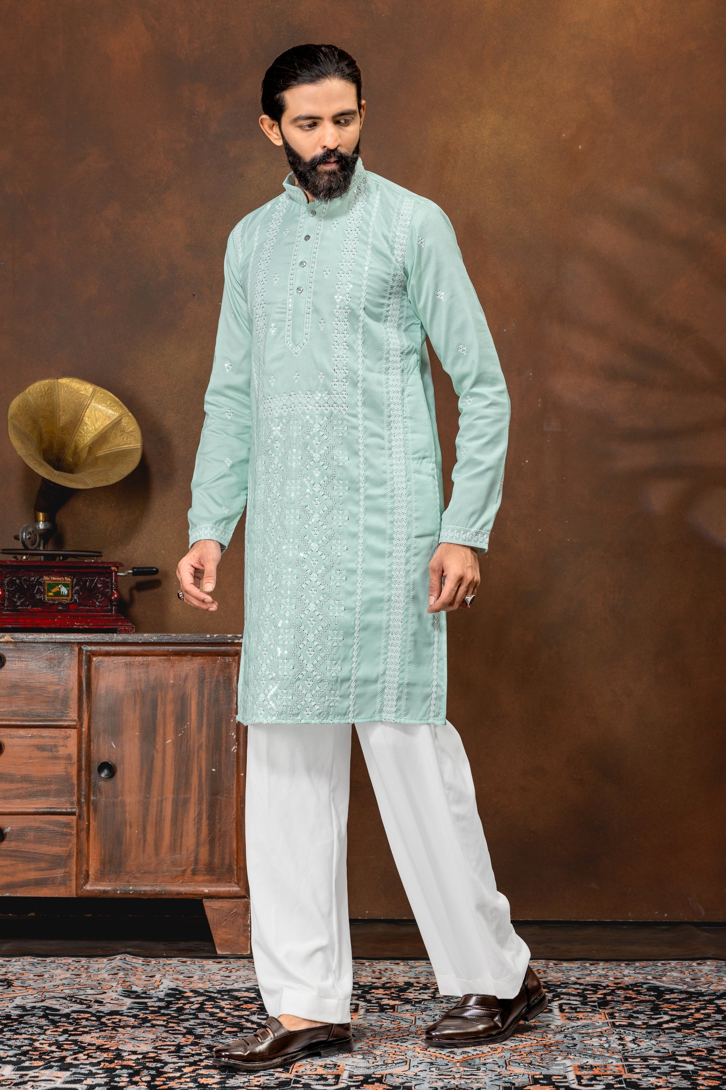 Elegant Mint Green Chikankari Style Kurta Set
