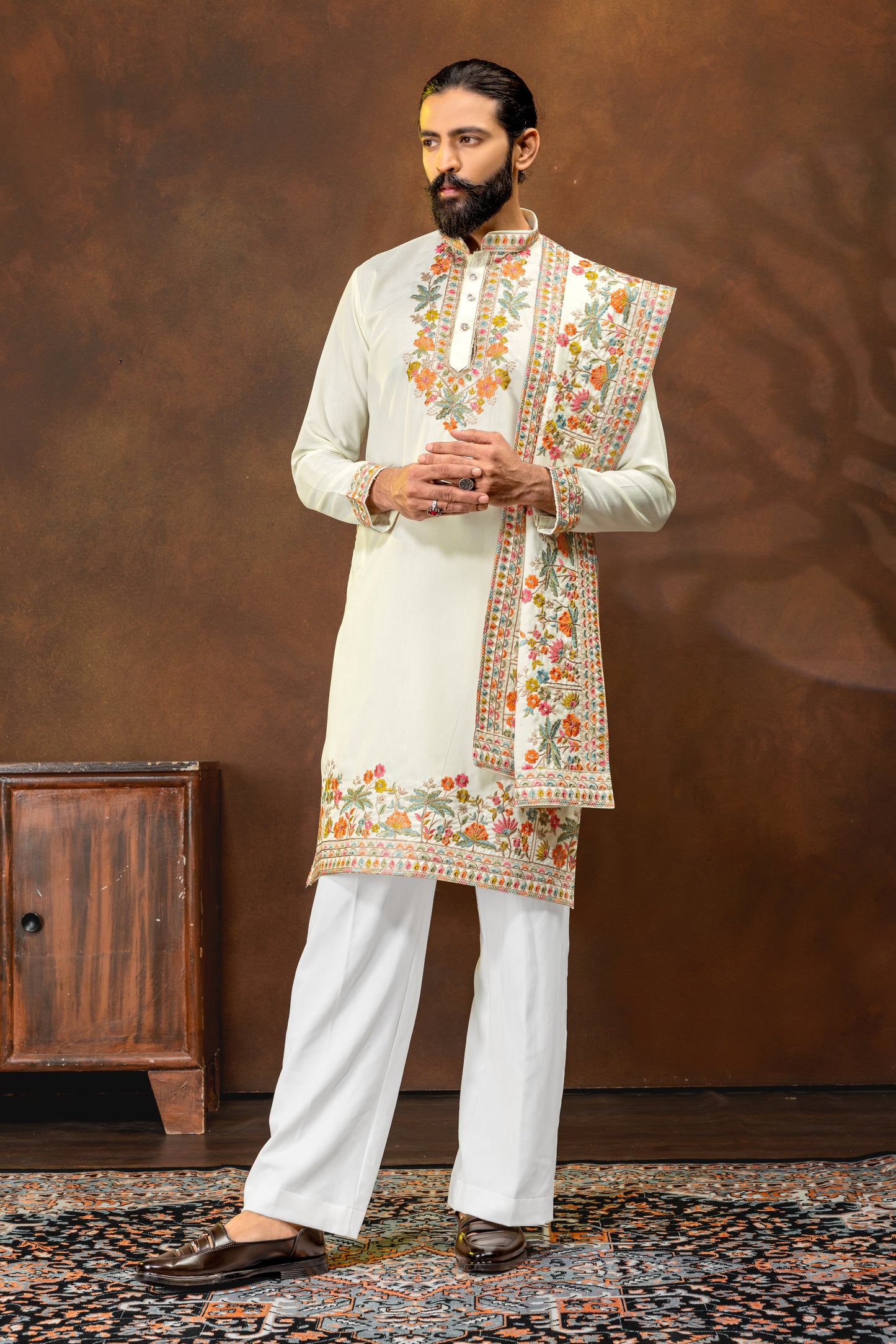 Luxury Ivory Embroidered Kurta with Dupatta