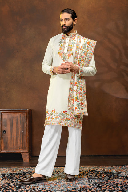 Luxury Ivory Embroidered Kurta with Dupatta