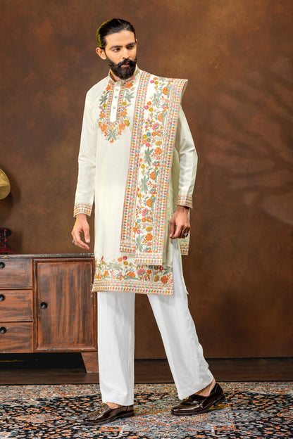 Luxury Ivory Embroidered Kurta with Dupatta