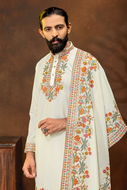 Luxury Ivory Embroidered Kurta with Dupatta