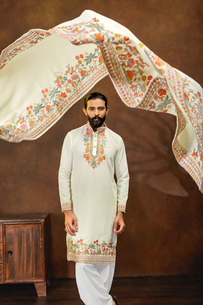 Luxury Ivory Embroidered Kurta with Dupatta