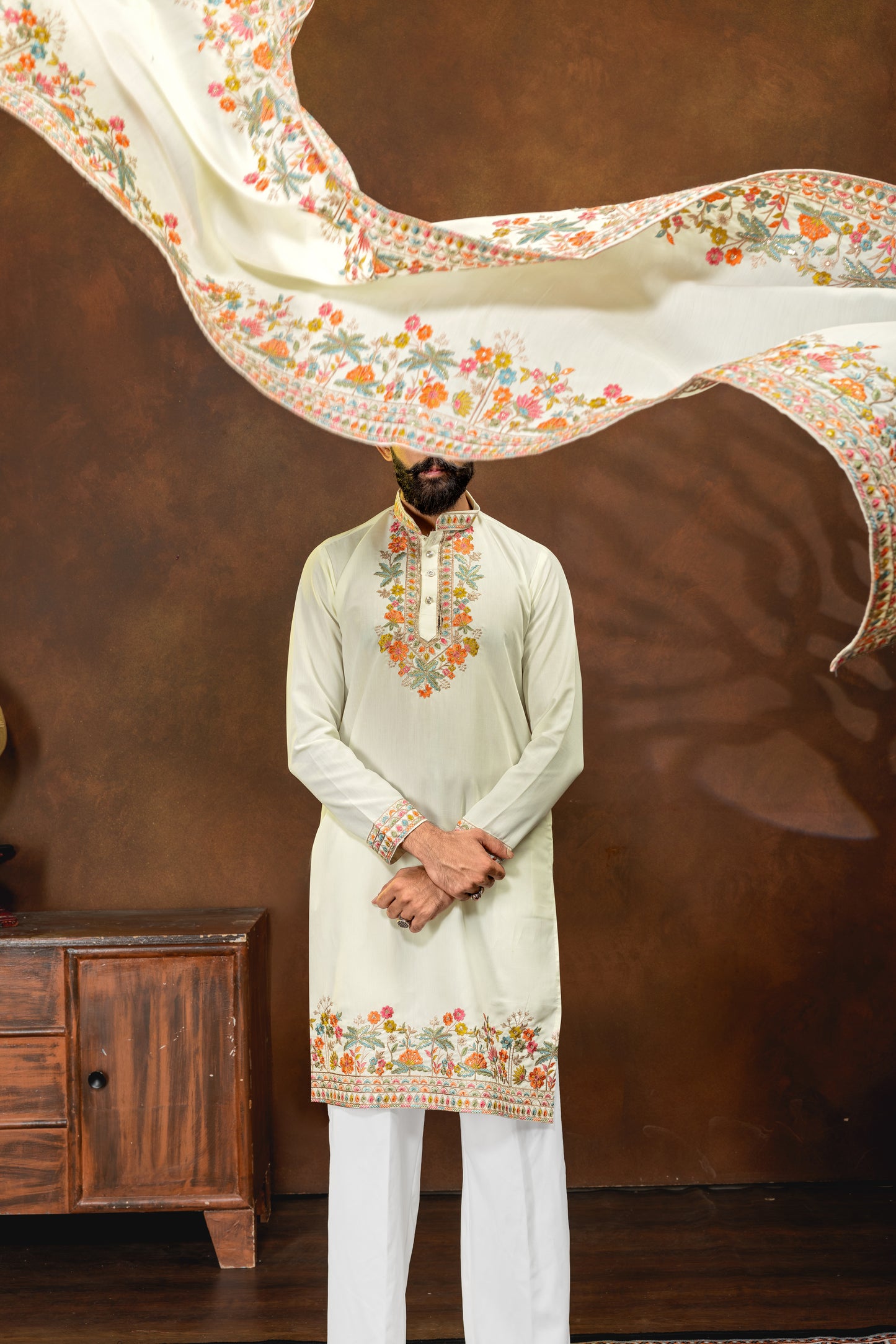 Luxury Ivory Embroidered Kurta with Dupatta