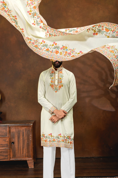 Luxury Ivory Embroidered Kurta with Dupatta