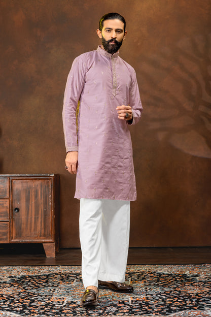 Men’s Embroidered Lavender Kurta Pajama Set