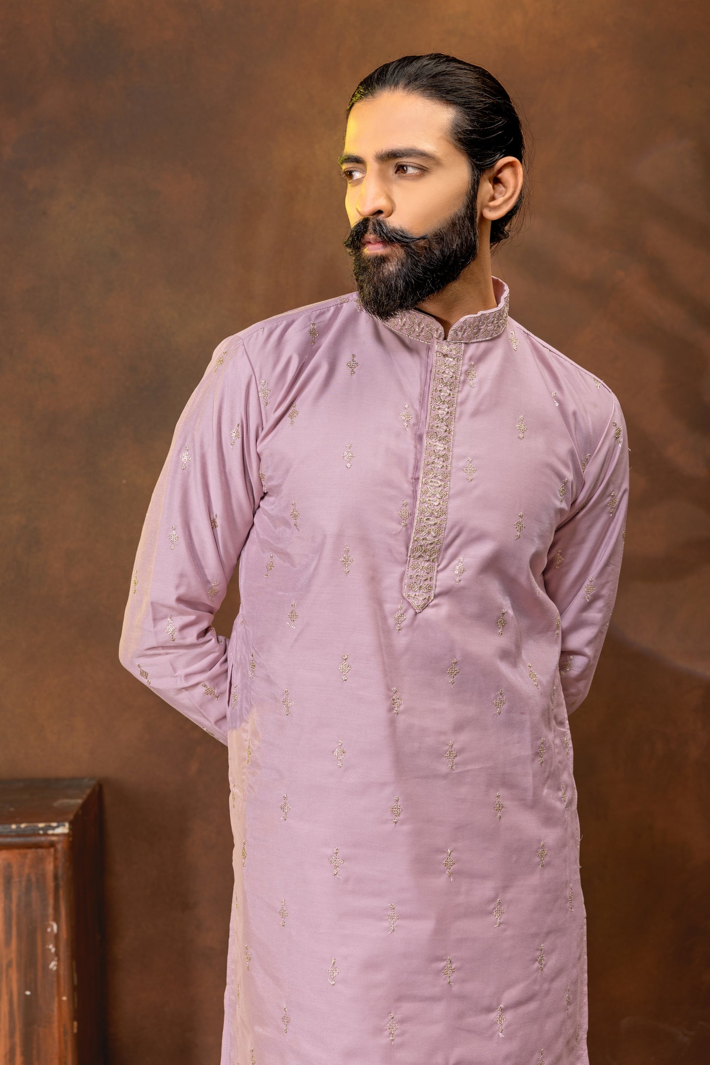 Men’s Embroidered Lavender Kurta Pajama Set