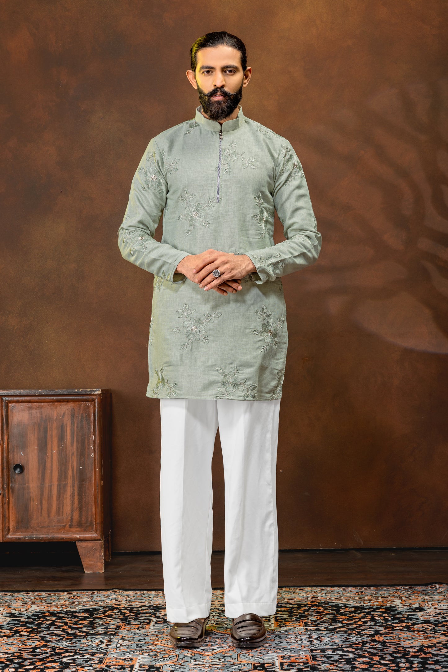 Men’s Sage Green Embroidered Kurta Pajama Set