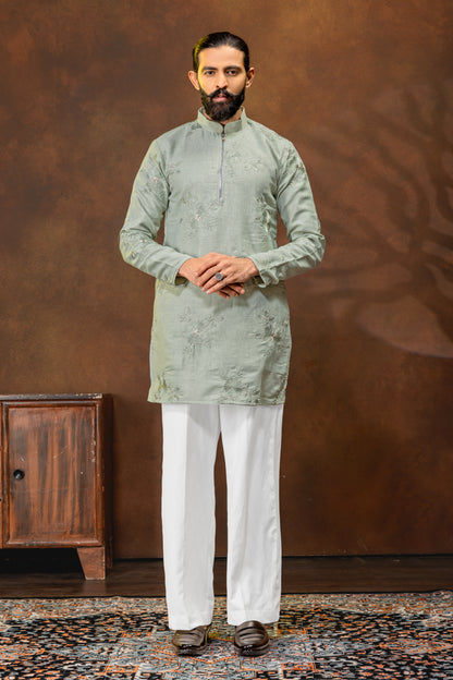 Men’s Sage Green Embroidered Kurta Pajama Set