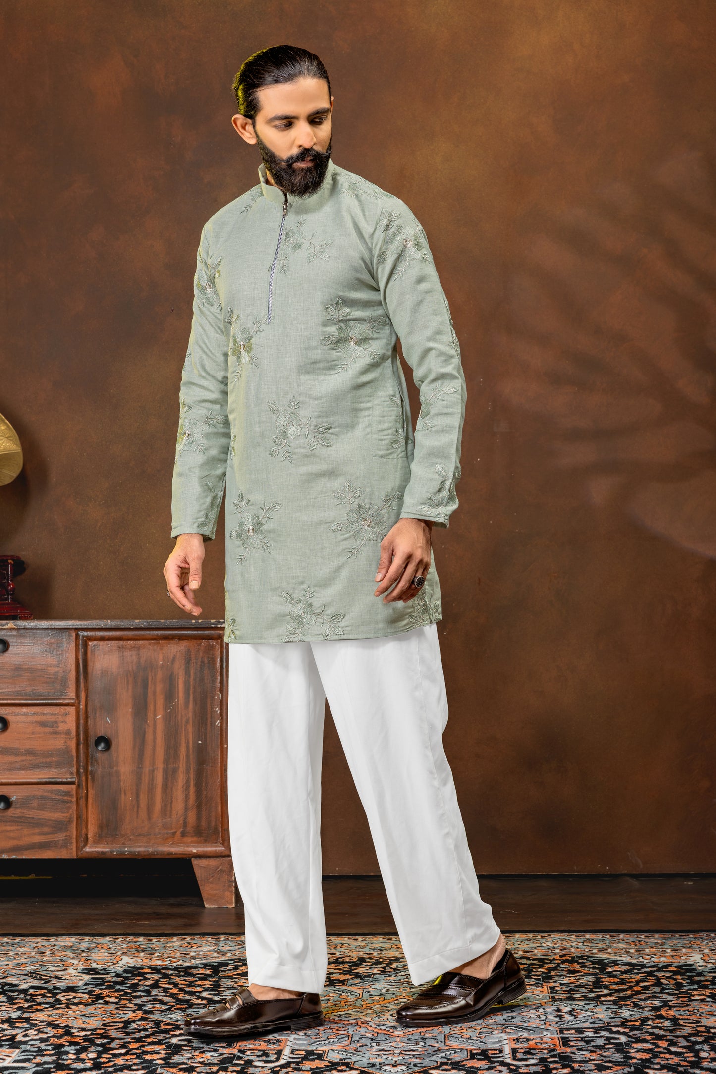 Men’s Sage Green Embroidered Kurta Pajama Set