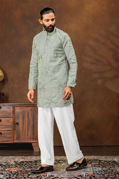 Men’s Sage Green Embroidered Kurta Pajama Set