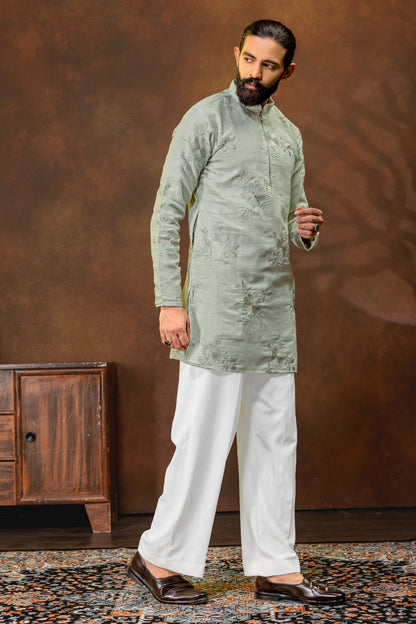 Men’s Sage Green Embroidered Kurta Pajama Set