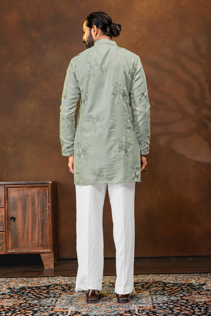 Men’s Sage Green Embroidered Kurta Pajama Set
