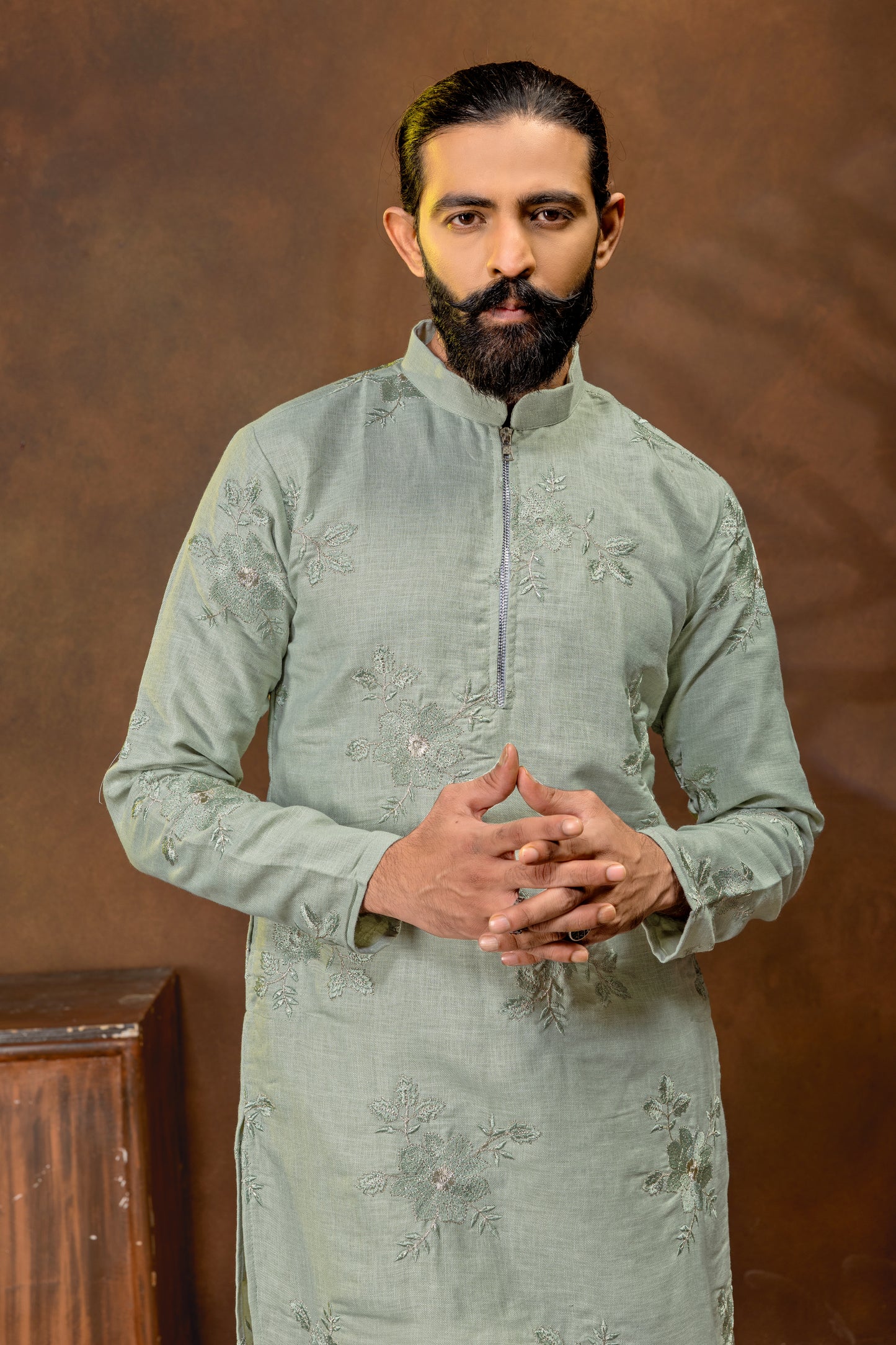 Men’s Sage Green Embroidered Kurta Pajama Set