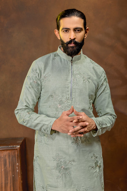 Men’s Sage Green Embroidered Kurta Pajama Set