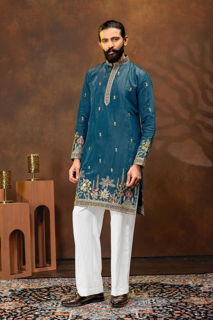 Men’s Royal Teal Embroidered Kurta Pajama Set