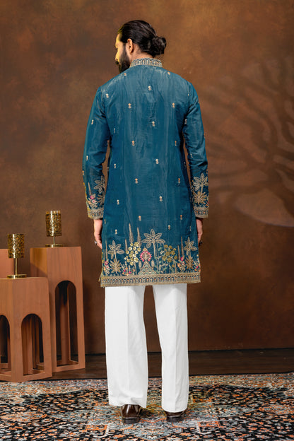 Men’s Royal Teal Embroidered Kurta Pajama Set