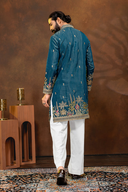 Men’s Royal Teal Embroidered Kurta Pajama Set