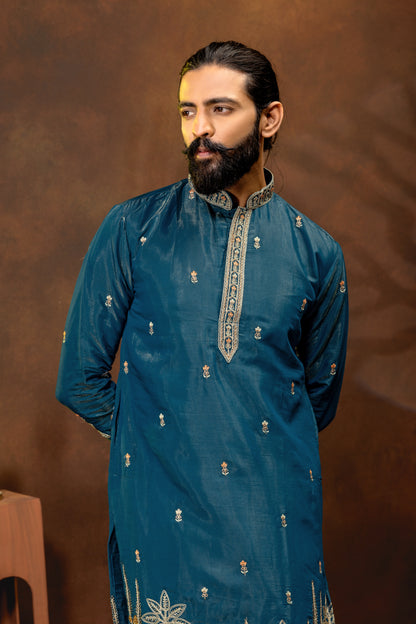 Men’s Royal Teal Embroidered Kurta Pajama Set