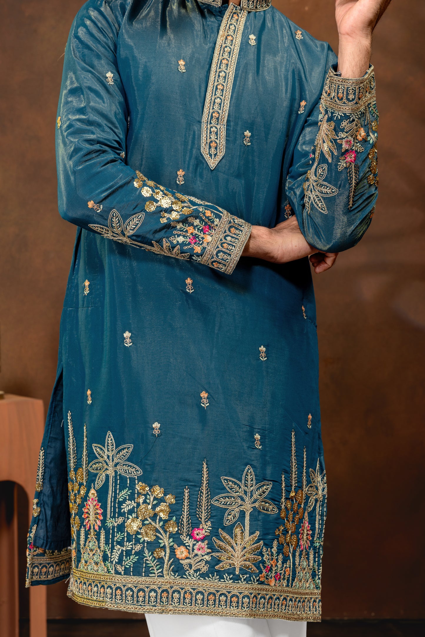 Men’s Royal Teal Embroidered Kurta Pajama Set