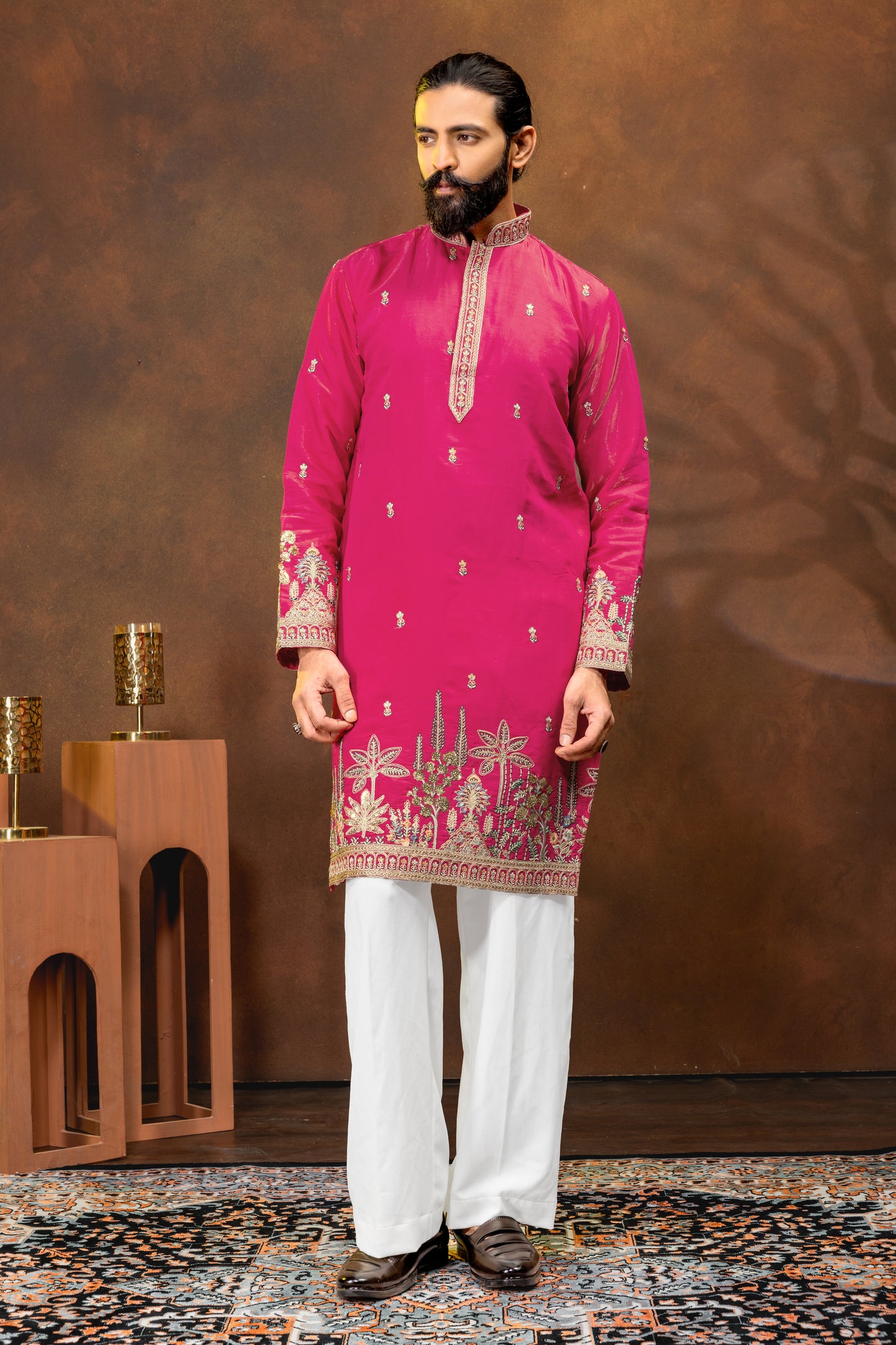 Fuchsia Pink Embroidered Men’s Kurta Set