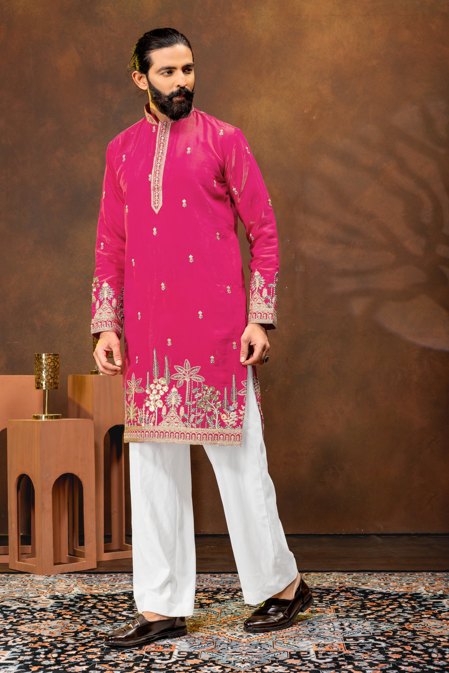 Fuchsia Pink Embroidered Men’s Kurta Set