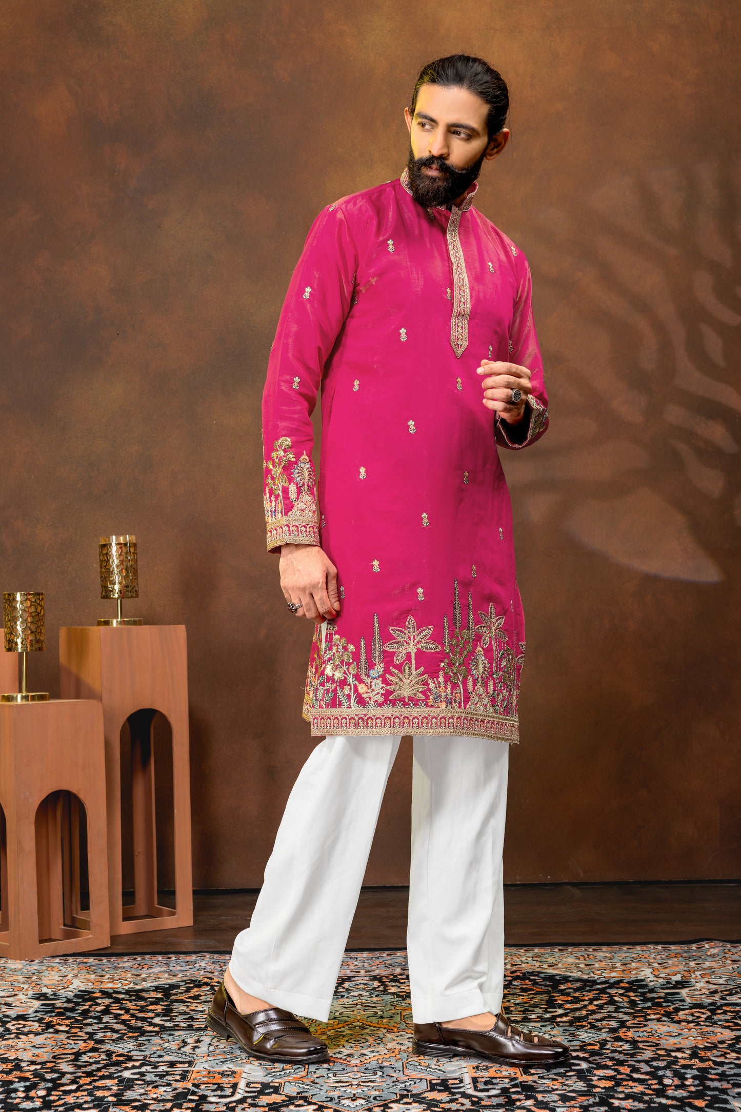 Fuchsia Pink Embroidered Men’s Kurta Set