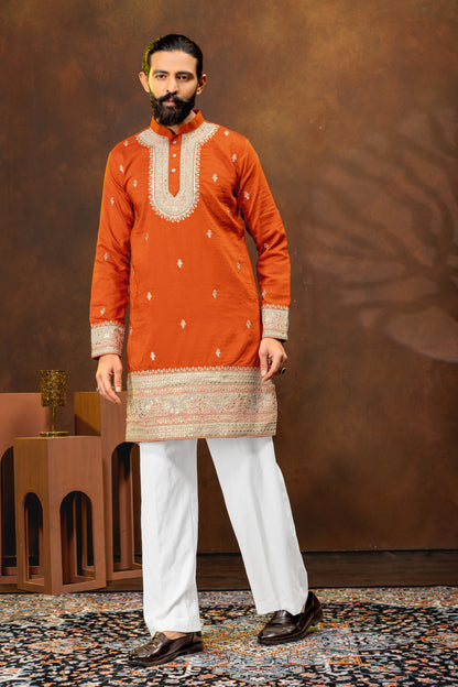 Rust Orange Embroidered Men’s Kurta Set