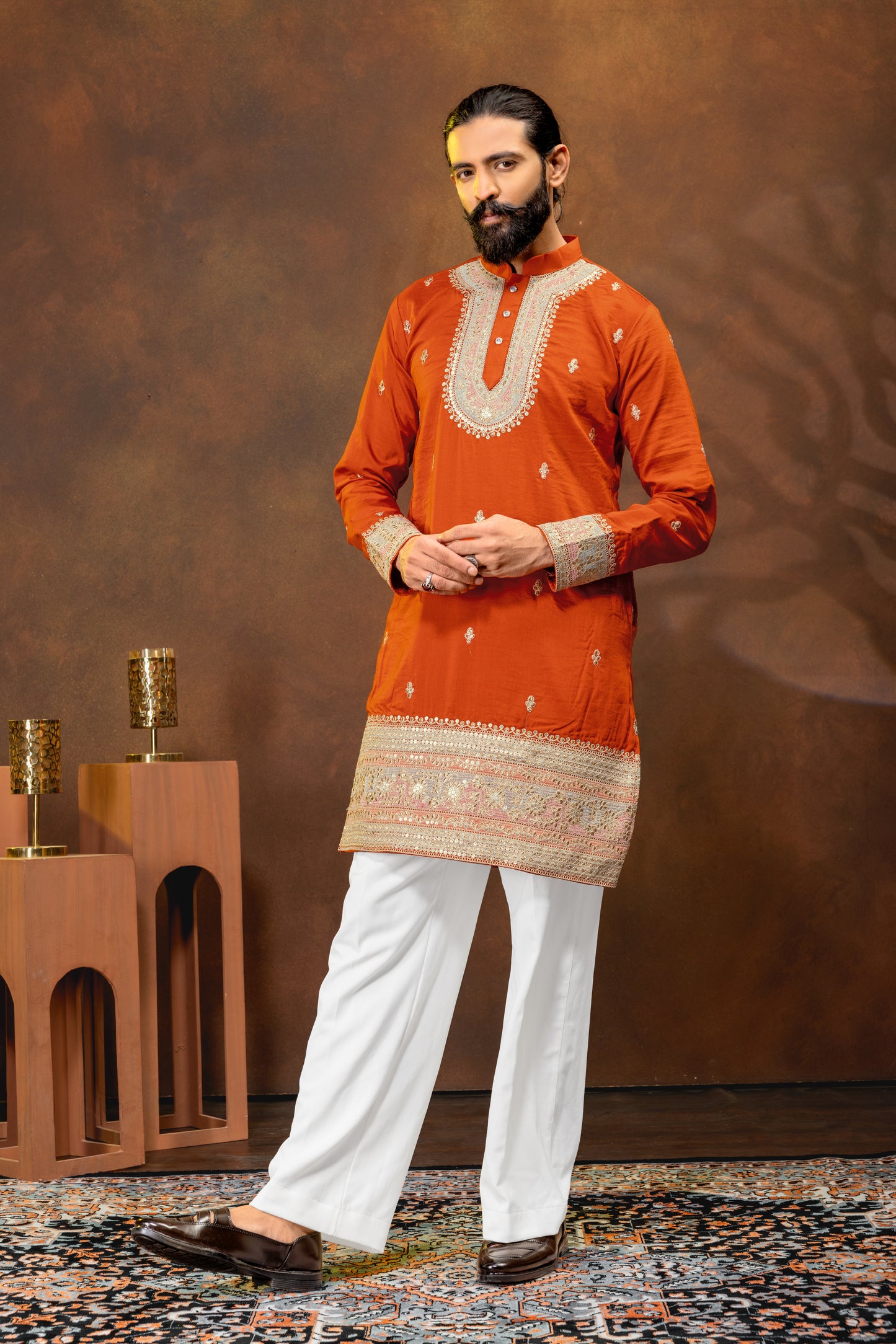 Rust Orange Embroidered Men’s Kurta Set