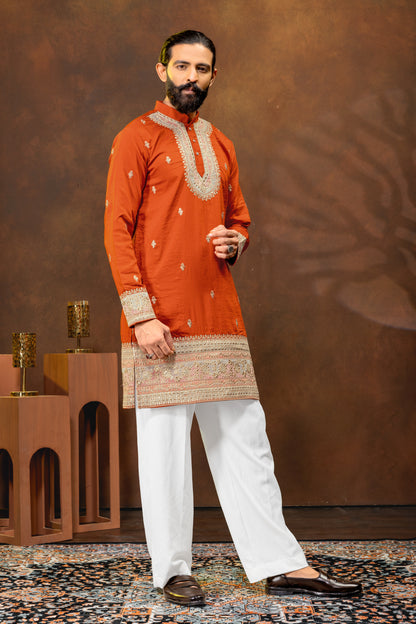 Rust Orange Embroidered Men’s Kurta Set
