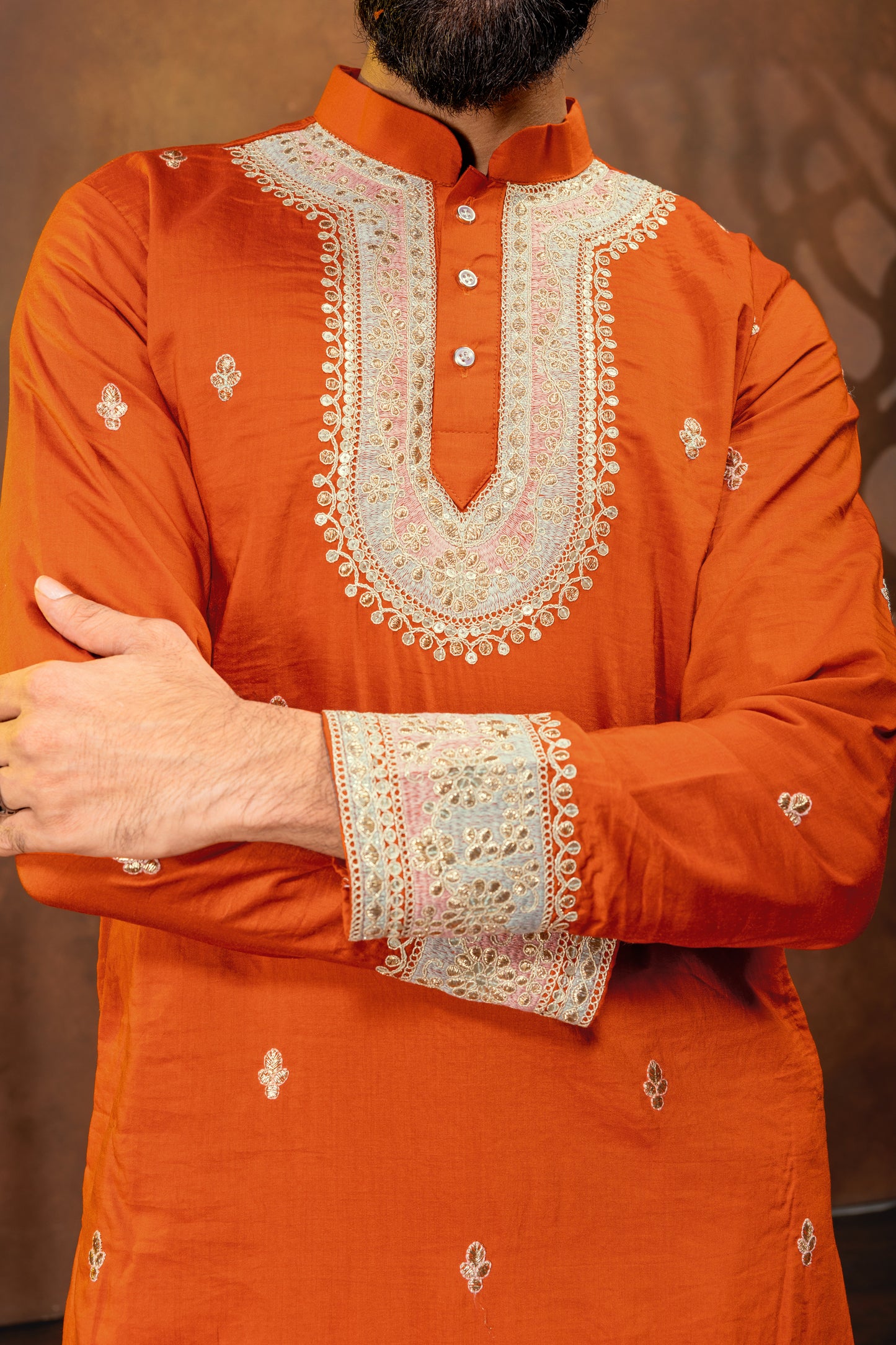 Rust Orange Embroidered Men’s Kurta Set