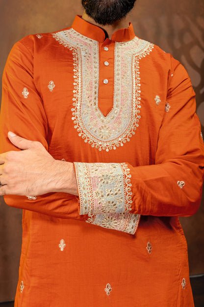 Rust Orange Embroidered Men’s Kurta Set