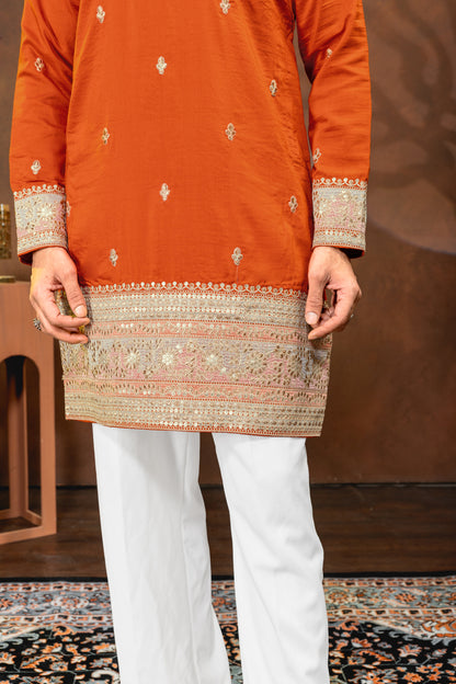 Rust Orange Embroidered Men’s Kurta Set