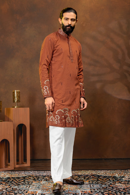 Chocolate Brown Embroidered Men’s Kurta Set