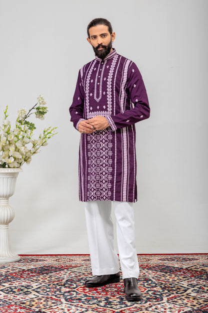 Royal Purple Embroidered Men’s Panjabi / Kurta